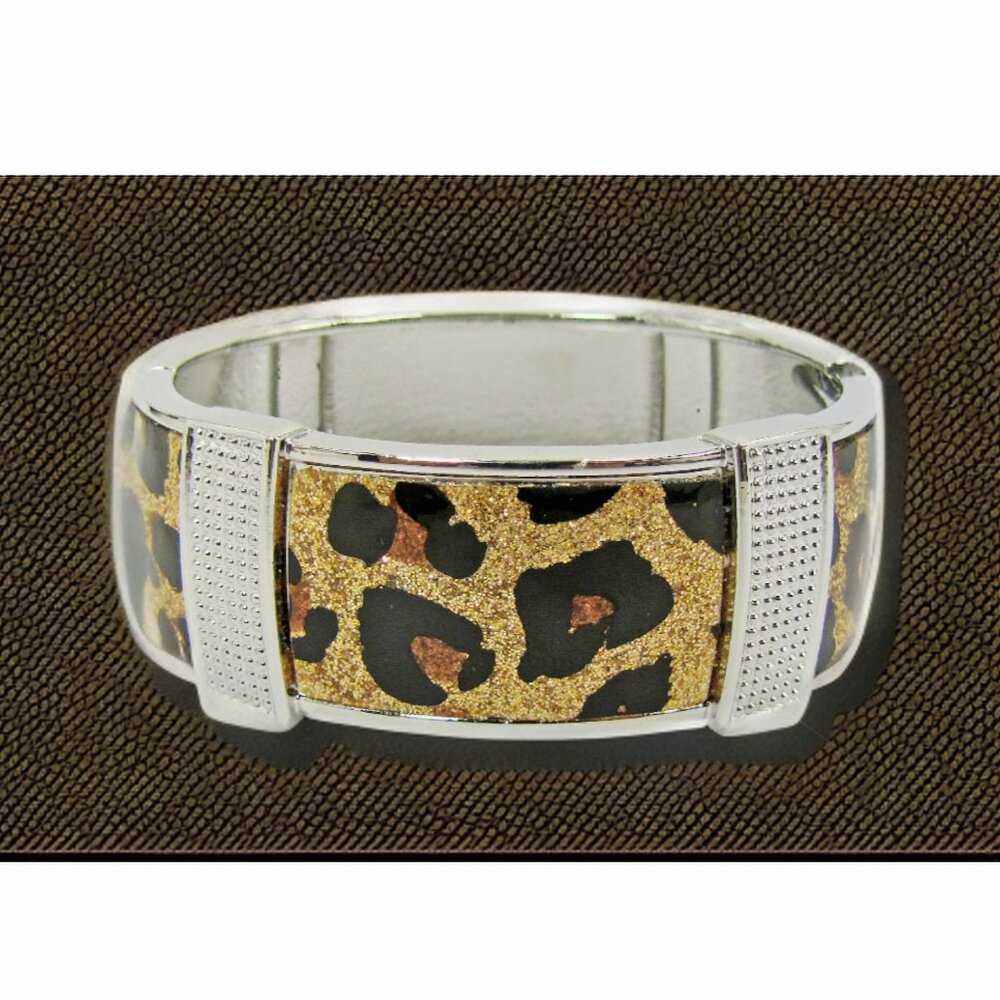Animal Print Bangle Bracelet with Gold Sparkle an spring hinge opening 1" wide